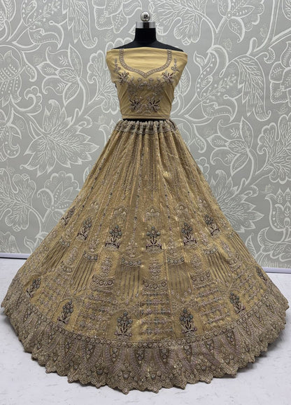 Golden Pure Soft Heavy Net Fancy Embroidery Work Bridal Lehenga Choli