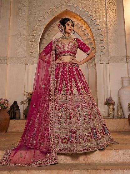 Rani Pink Pure Soft Silk Heavy Embroidery Work Bridal Lehenga 