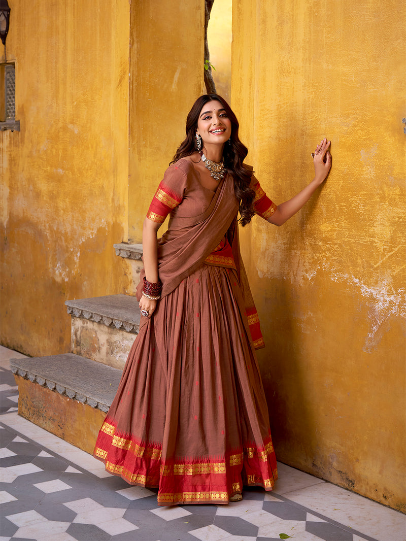 Brown Color Zari Weaving Work Chanderi Lehenga Choli ##color## Sequins Lehenga with premium fabric and embroidery
