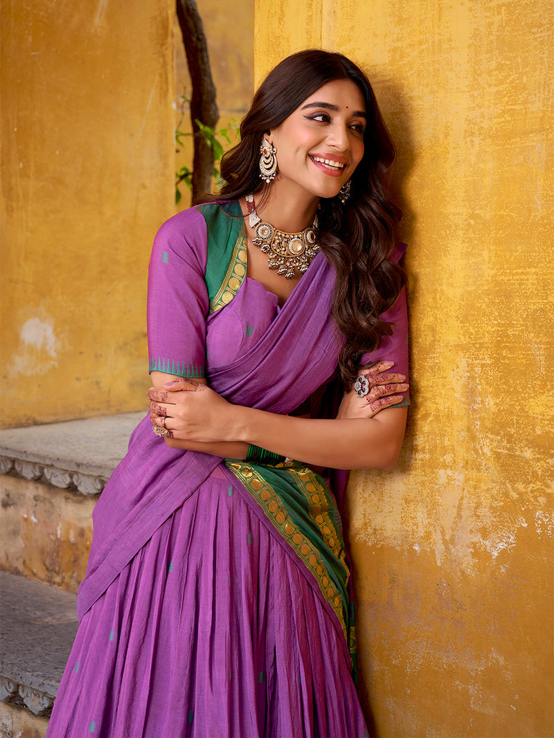 Purple Color Zari Weaving Work Chanderi Lehenga Chol ##color## Sequins Lehenga with premium fabric and embroidery