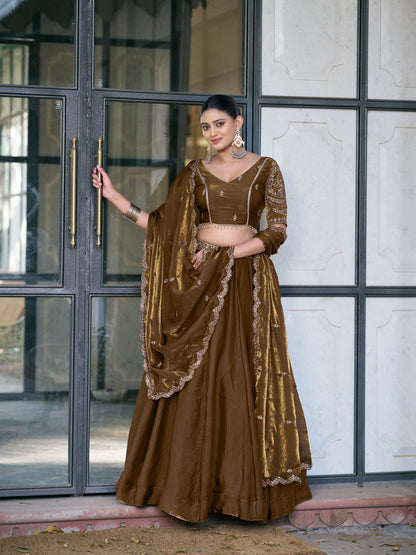 Brown Pure Fendi Silk Sequins &amp; Thread Embroidery Work Lehenga Choli