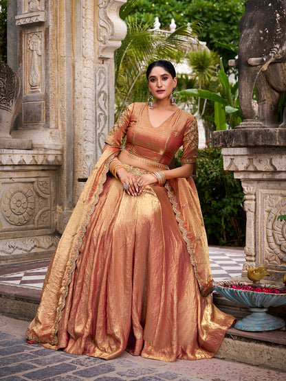 Orange Pure Fendi Silk Sequins &amp; Thread Embroidery Work Lehenga Choli