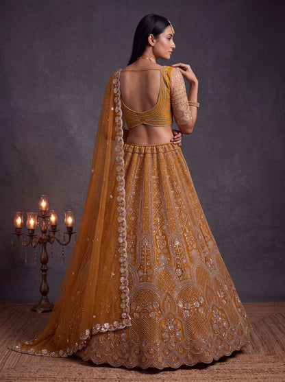 Rust Pure Heavy Net Motif Handwork Zari Sequins Work Bridal Lehenga Choli