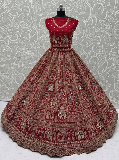 Red Pure Soft Gadwal Silk Heavy Embroidery Work Bridal Lehenga 