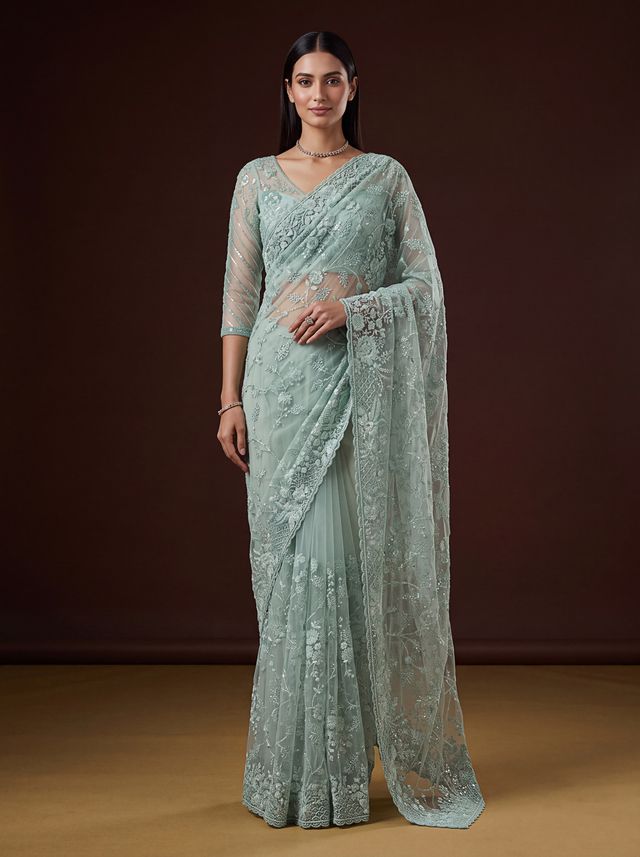 Sea Green Pure Premium Net Handwork Kasti &amp; Motif Zari Metallic Sequins Work Wedding Saree
