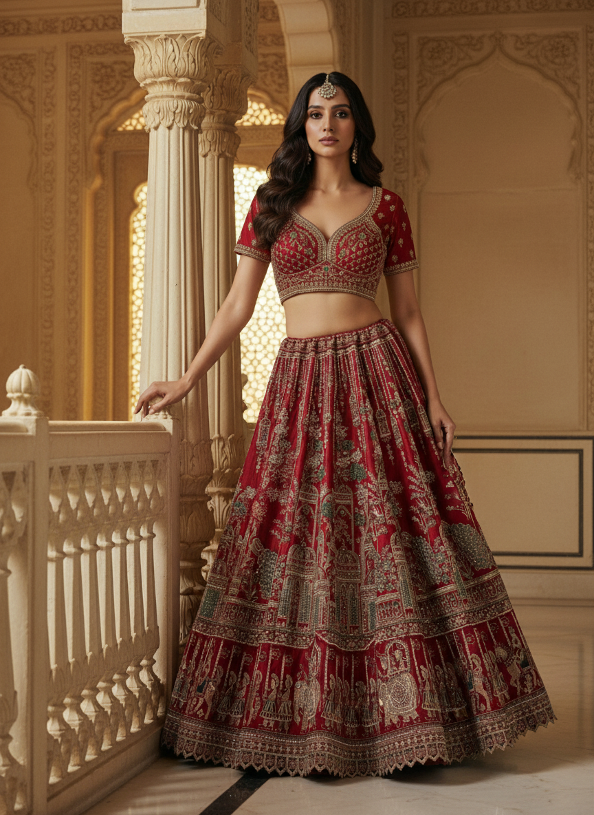 Red Pure Soft Silk Heavy Embroidery Work Bridal Lehenga