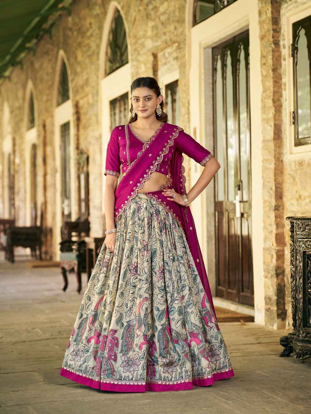 Cream Pure Soft Tussar Silk Kalamkari Print Lehenga Choli