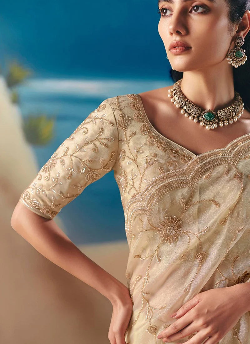 Cream Fancy Satin Organza Silk Zari Embroidered Sequins With Bridal Saree