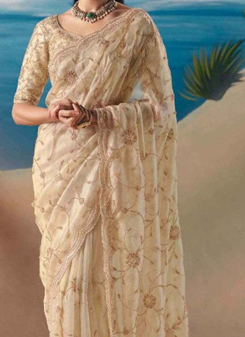 Cream Fancy Satin Organza Silk Zari Embroidered Sequins With Bridal Saree