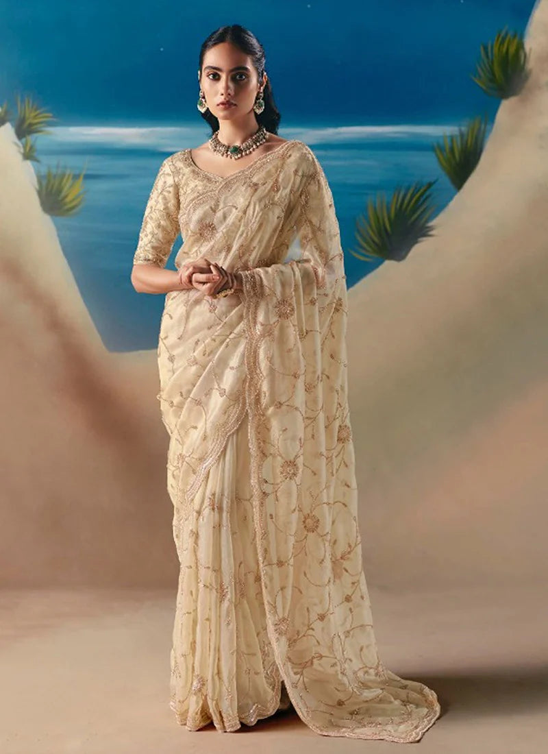 Cream Fancy Satin Organza Silk Zari Embroidered Sequins With Bridal Saree
