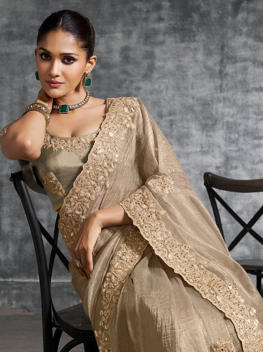 Cream Premium Zari Tissue Silk Bridal Saree 