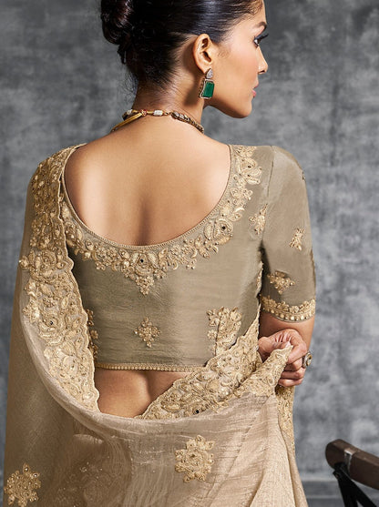 Cream Premium Zari Tissue Silk Bridal Saree 
