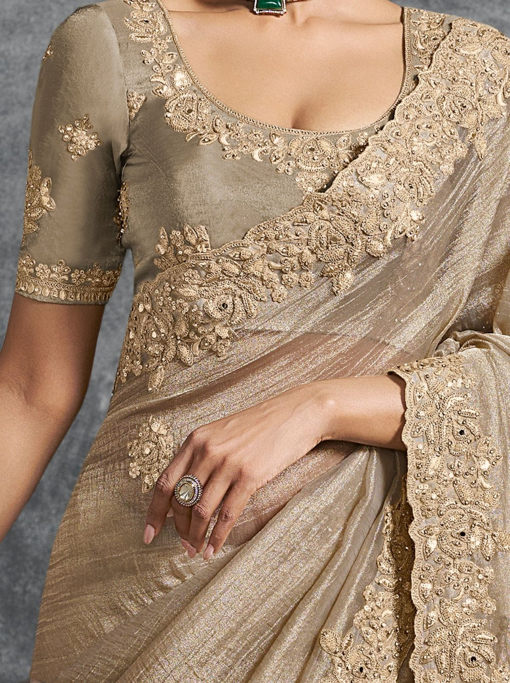 Cream Premium Zari Tissue Silk Bridal Saree 