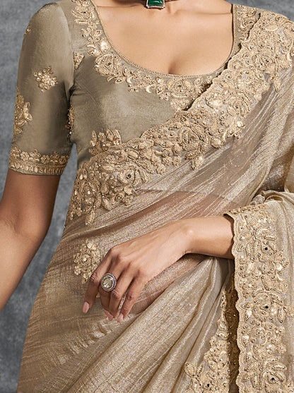 Cream Premium Zari Tissue Silk Bridal Saree 