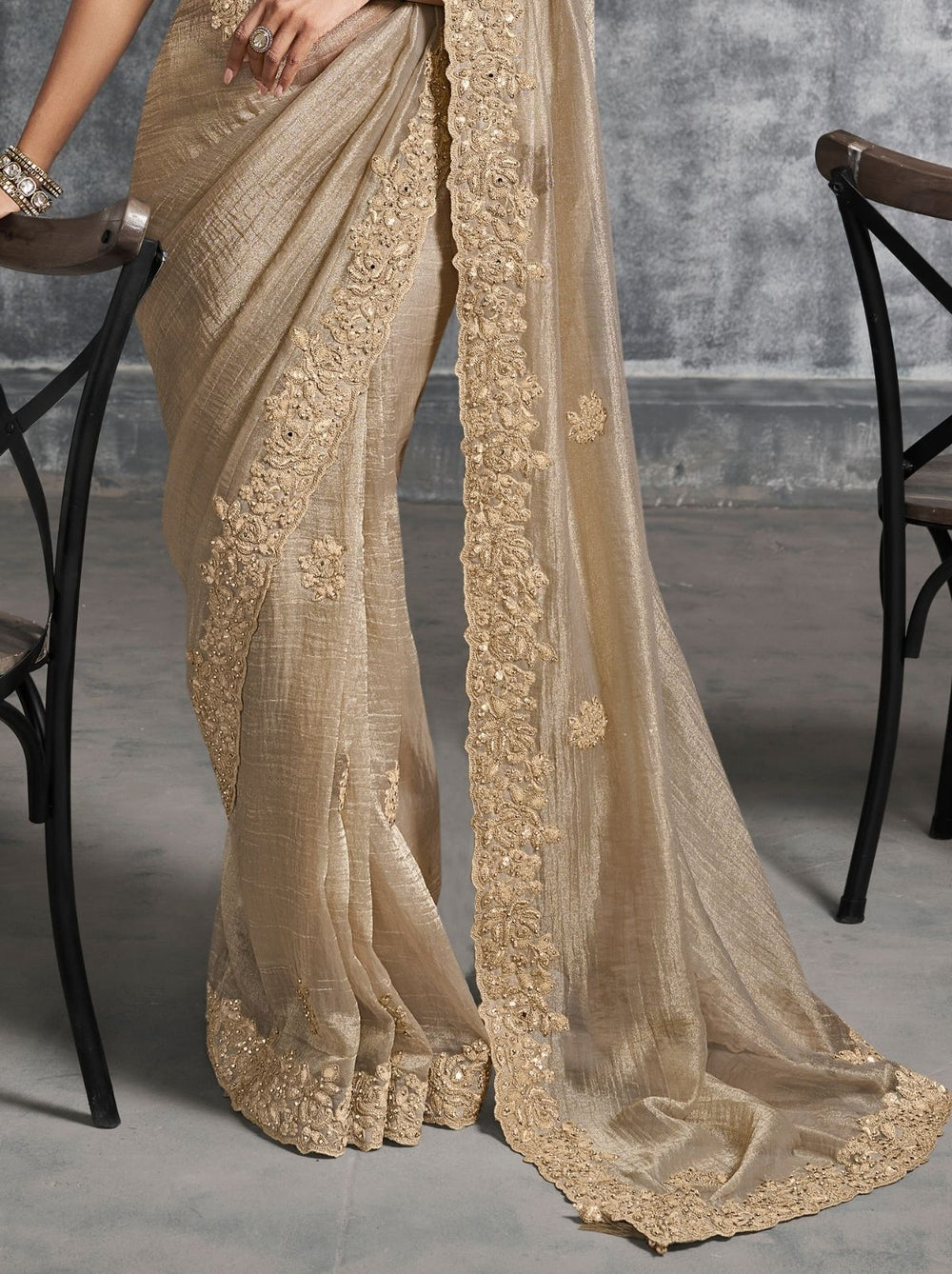 Cream Premium Zari Tissue Silk Bridal Saree 