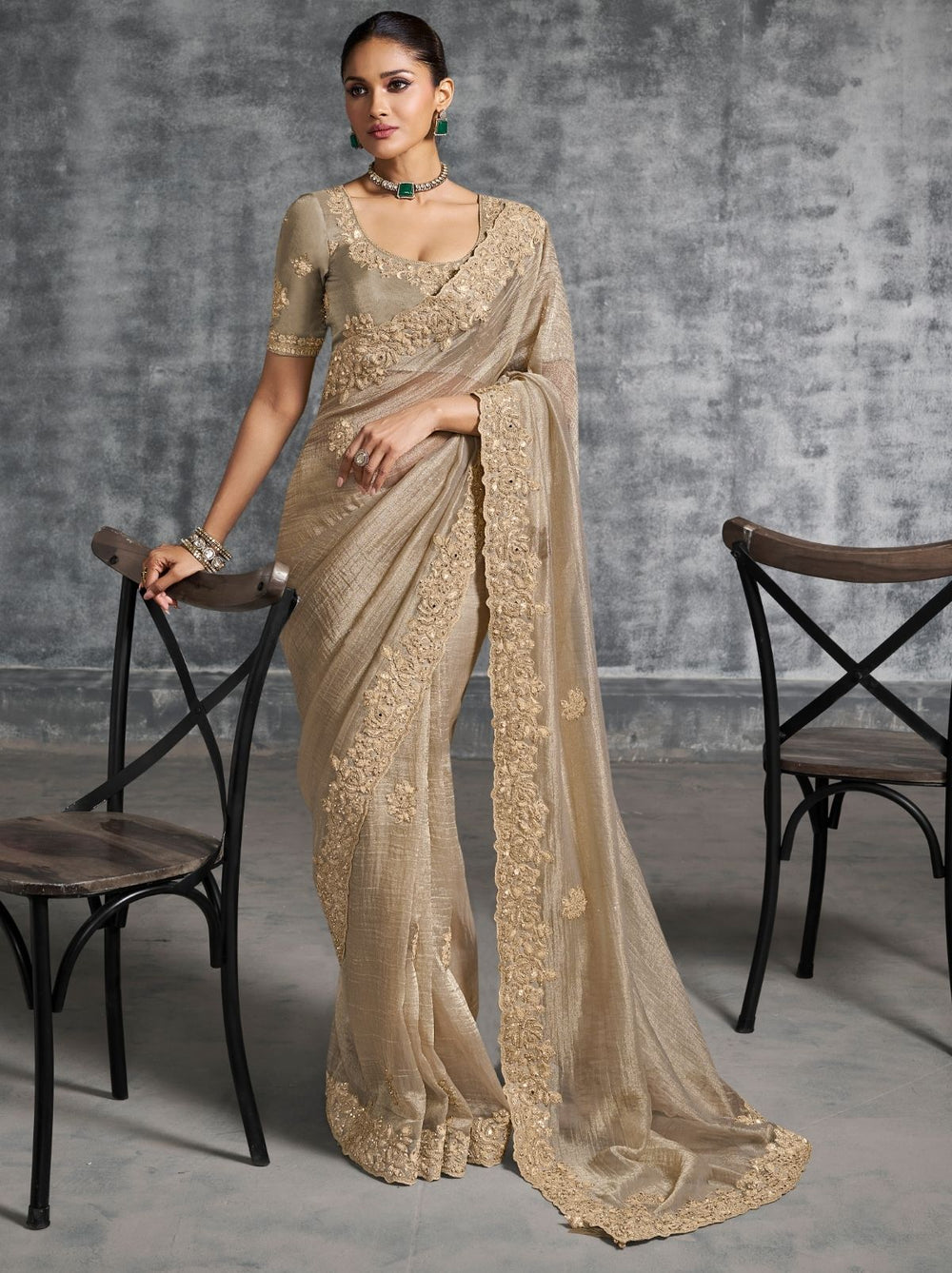 Cream Premium Zari Tissue Silk Bridal Saree 