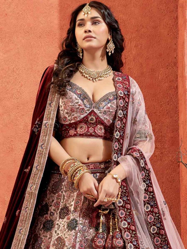 Beautiful Designer Bridal Pink Velvet Hand Work Lehenga Choli