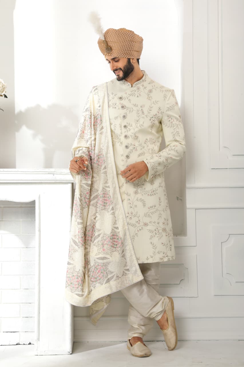 Cream Art Silk Sherwani for Men with Dupatta
