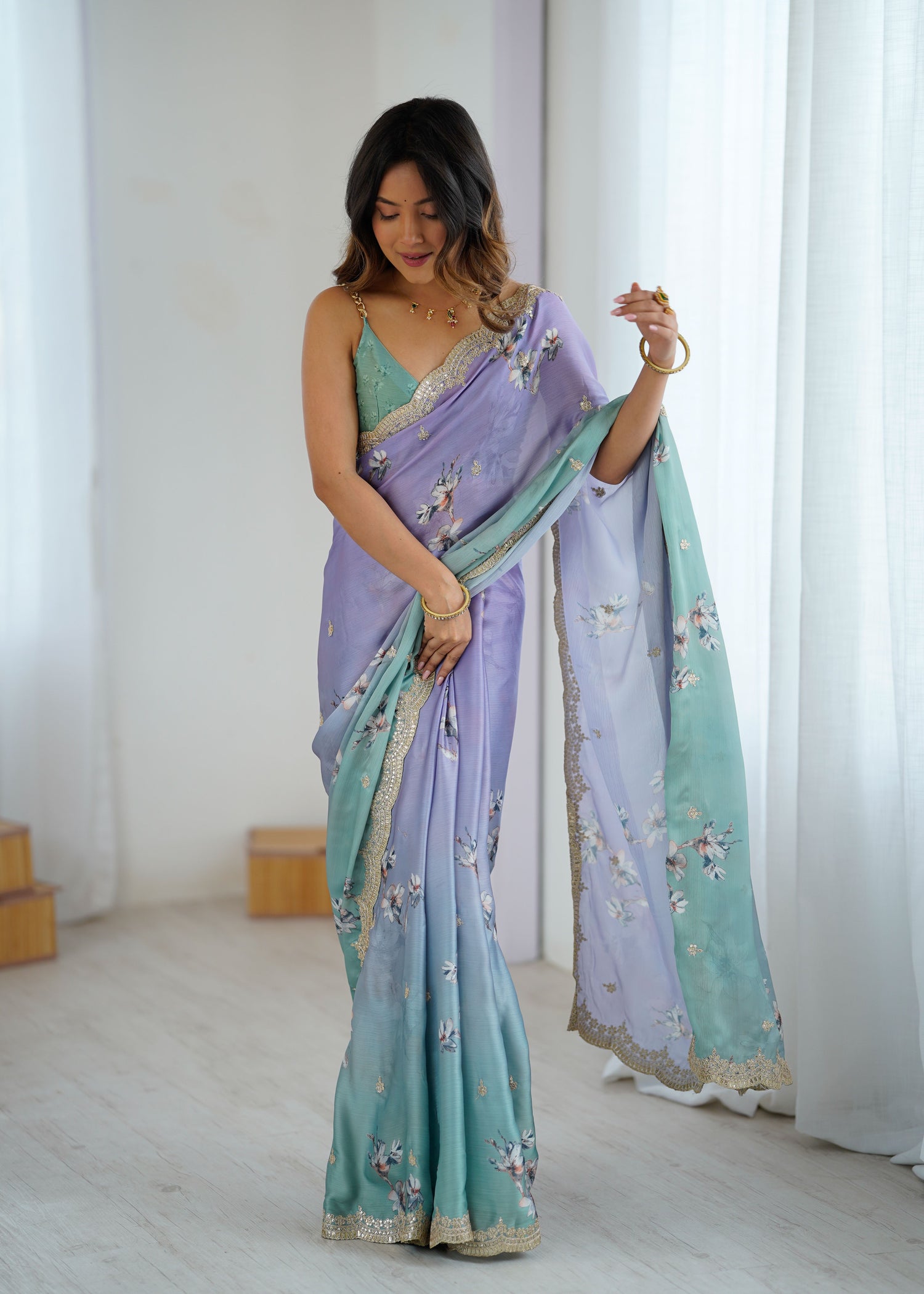 Aqua Green Two Tone Satin Silk Sequins Embroidery Ready to Wear Saree 