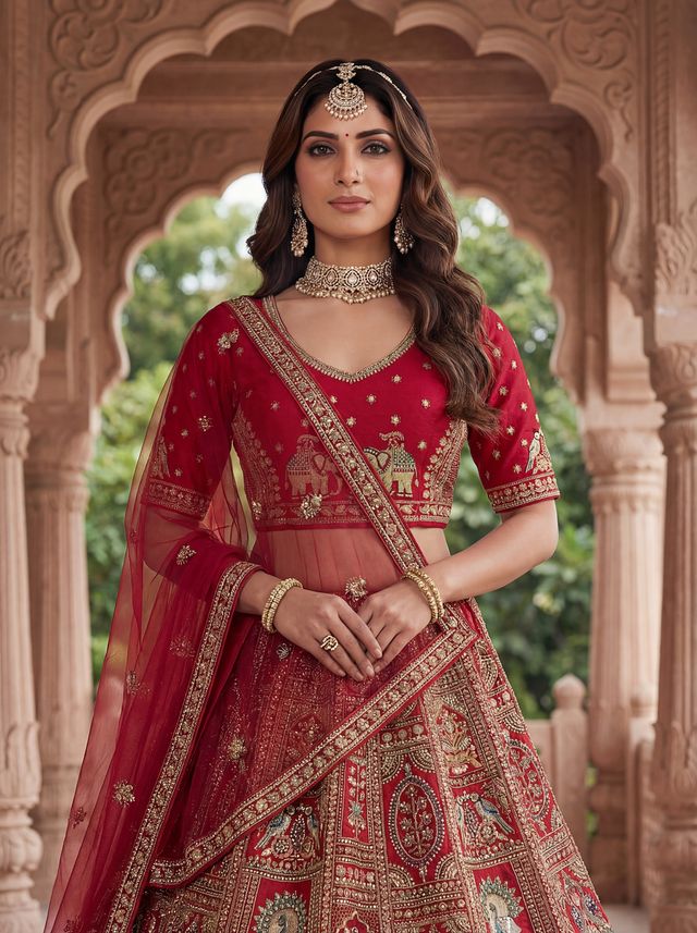 Red Pure Soft Gadwal Silk Heavy Embroidery Work Bridal Lehenga 