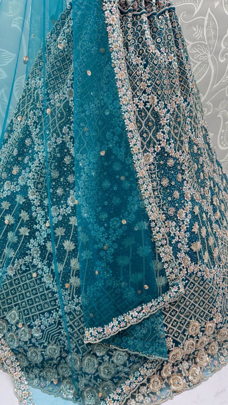 Firozi Pure Soft Net Heavy Embroidery Work Bridal Lehenga