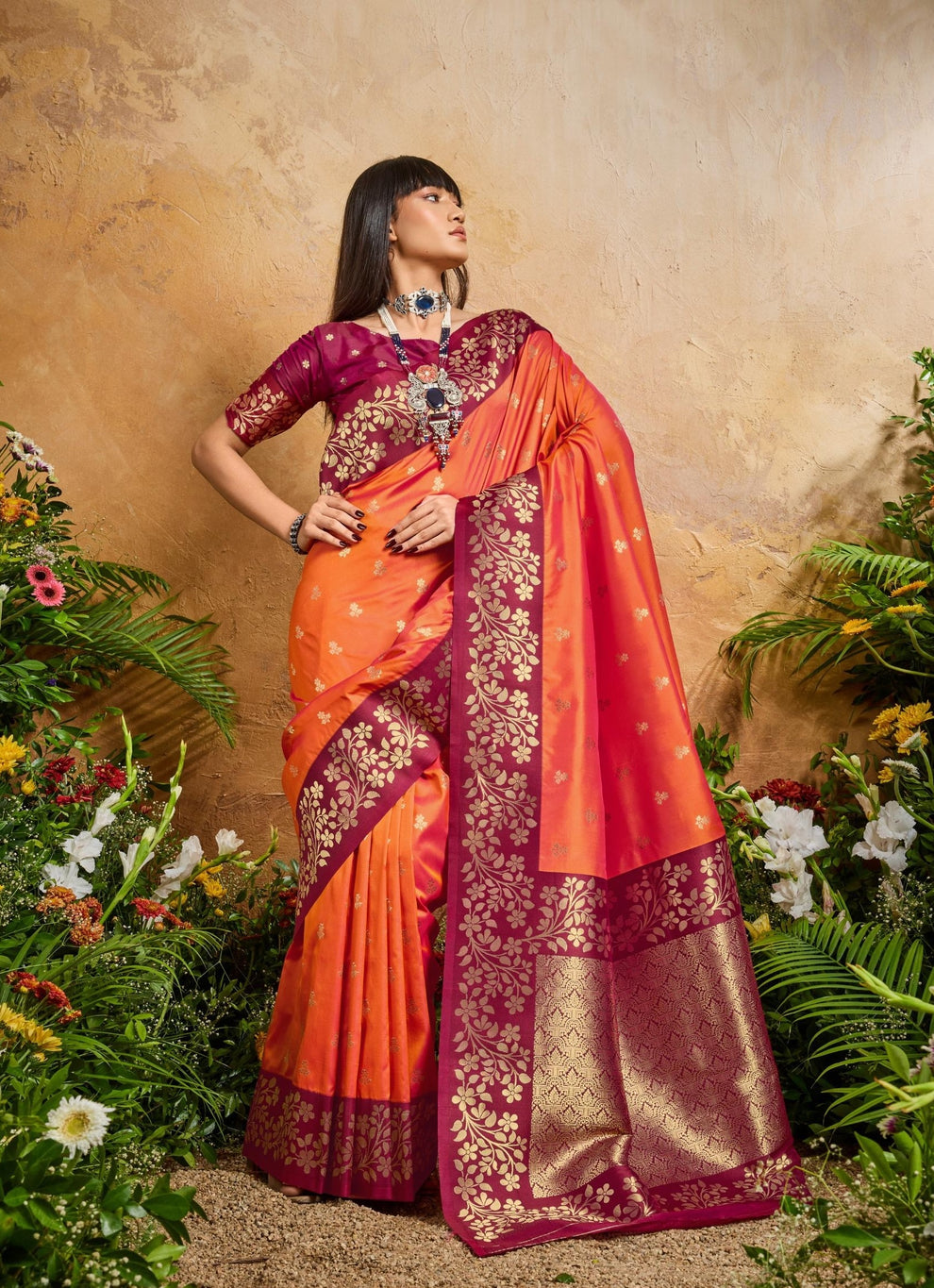 Orange Pure Soft Handloom Weaving Silk Saree ##color## Banarasi Saree with premium fabric and embroidery