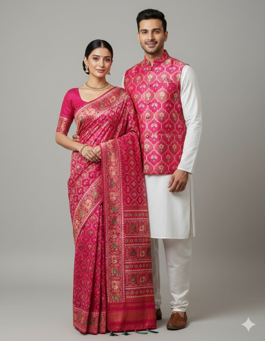 Red Pure Banarasi Patola Saree With Kurta Jacket Matching Couple Combo Set ##color## Couple Combo with premium fabric and embroidery