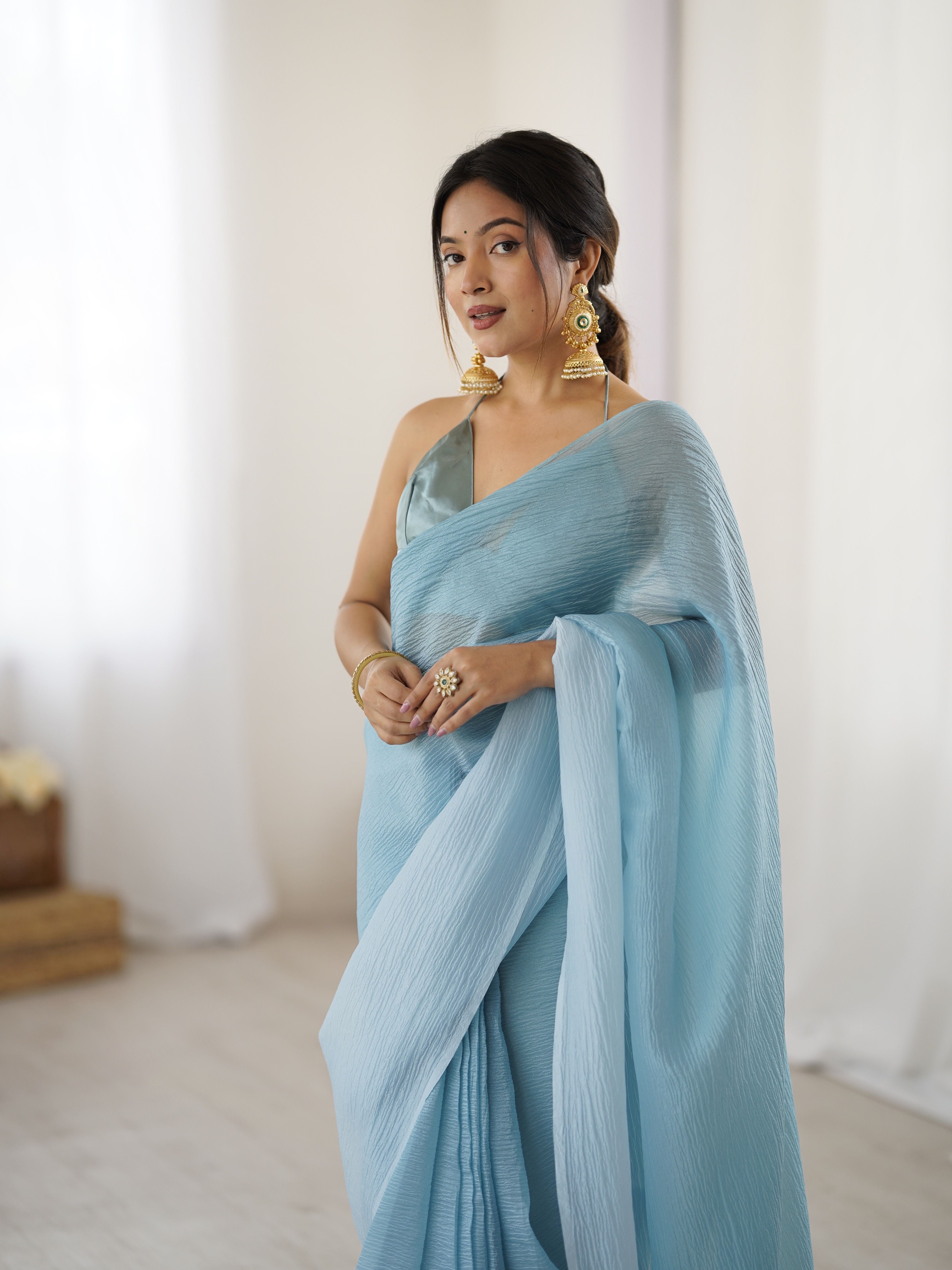 Sky shaded Pure Soft Candy Crush Silk Ready to Wear Saree ##color## Ready to Wear Saree with premium fabric and embroidery