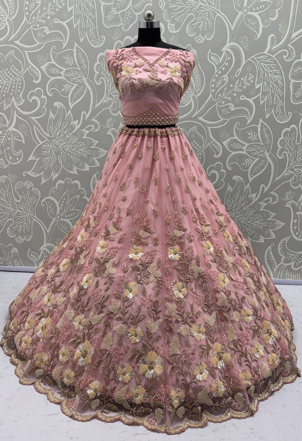 Pink Pure Soft Net Heavy Embroidery Work Bridal Lehenga