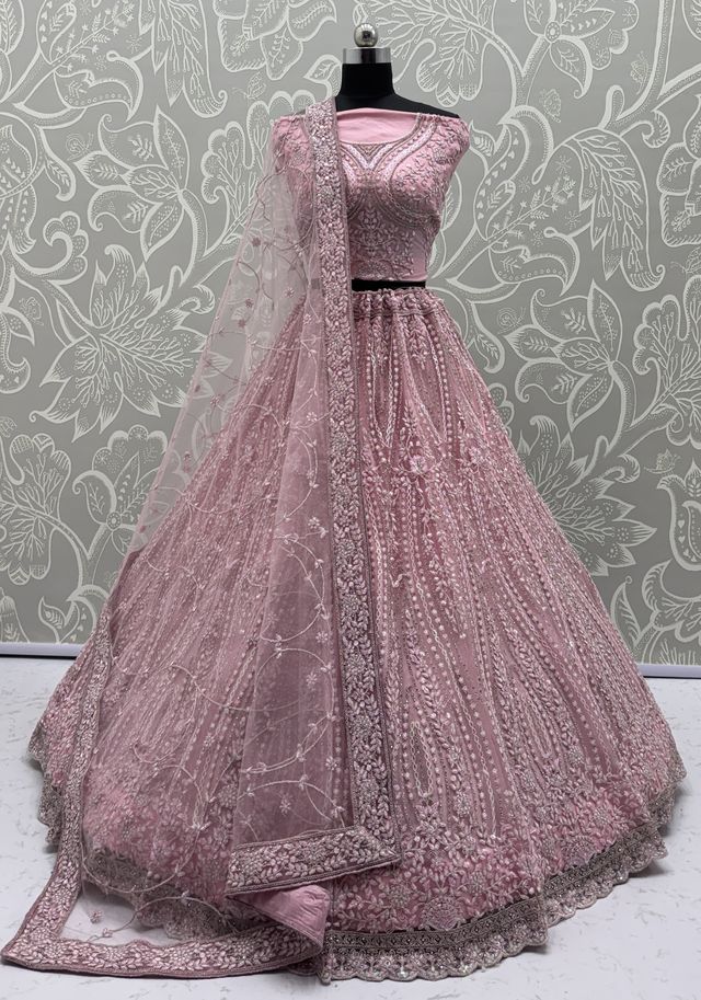 Pink Pure Soft Net Heavy Embroidery Work Bridal Lehenga