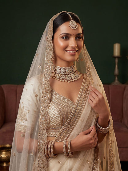 Off White Pure Soft Gadwal Silk Heavy Embroidery Work Bridal Lehenga Choli 