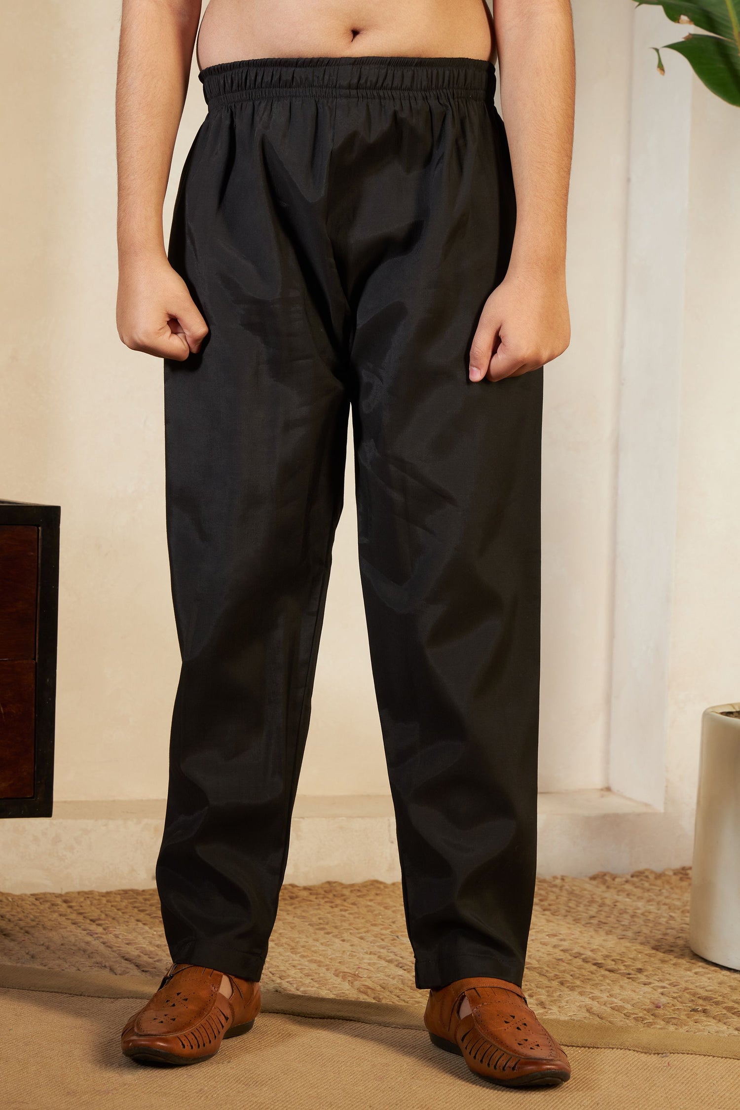 Black Pure Viscose Silk Silk Kids Boy Kurta Pajama With Koti Jacket 