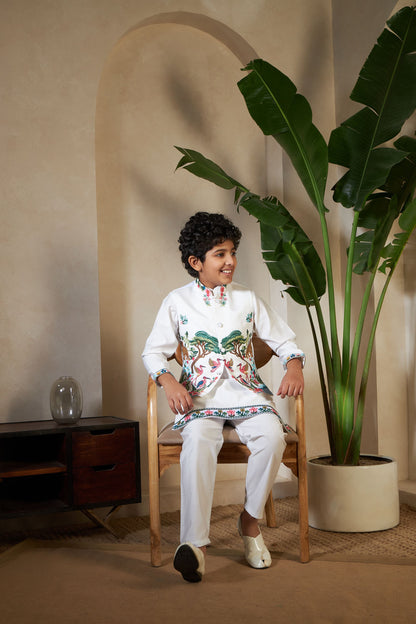 White Pure Viscose Silk Silk Kids Boy Kurta Pajama With Koti Jacket 