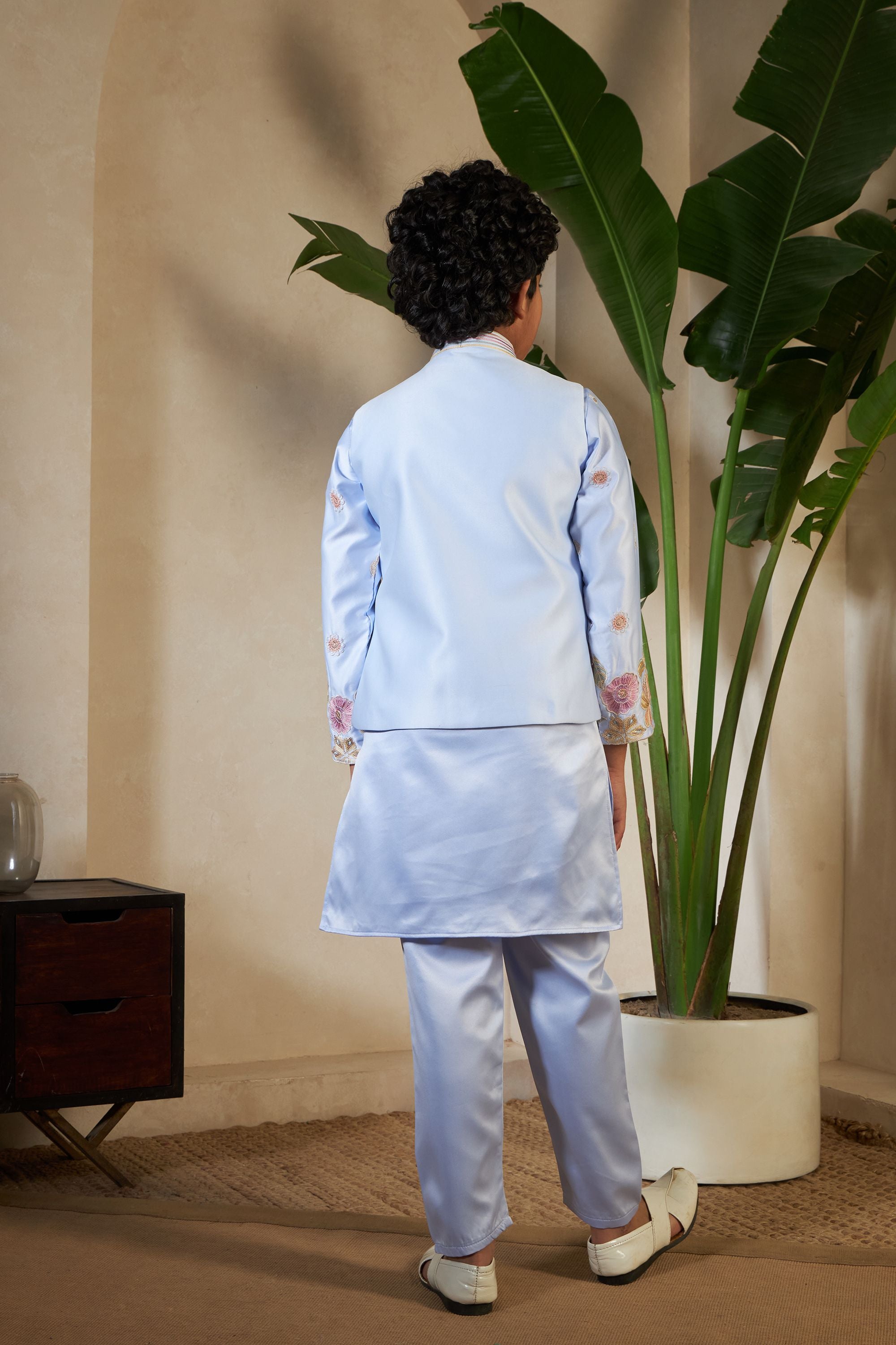 Sky Pure Satin Silk Kids Boy Kurta Pajama With Koti Jacket 