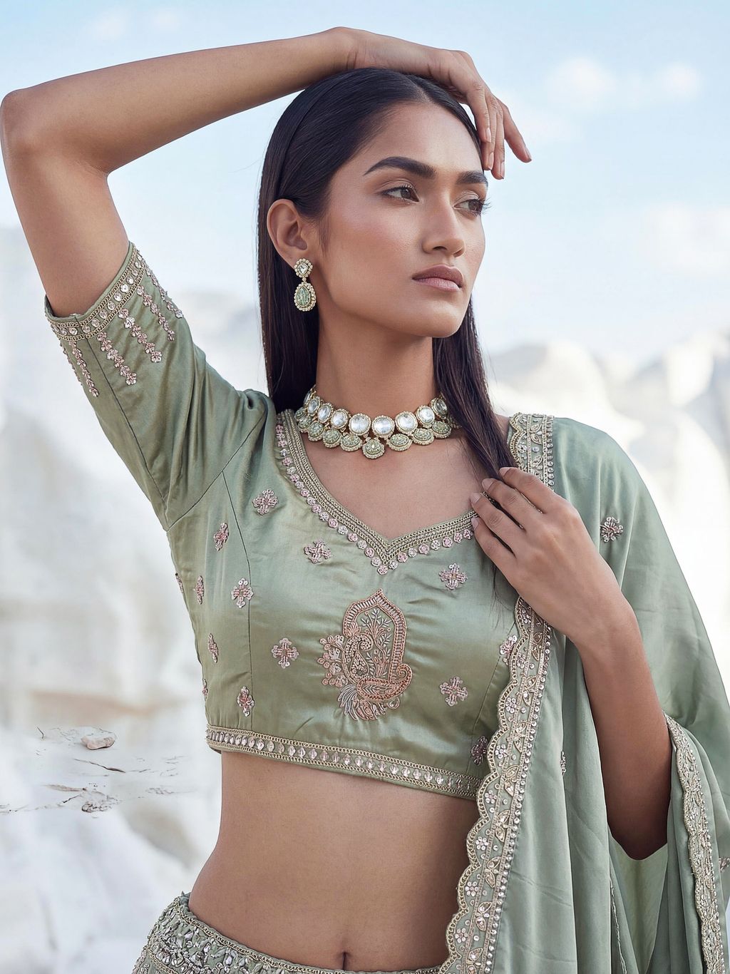 Pista Pure Soft Silk Heavy Sequins Embellishment Work Bridal Lehenga Choli 