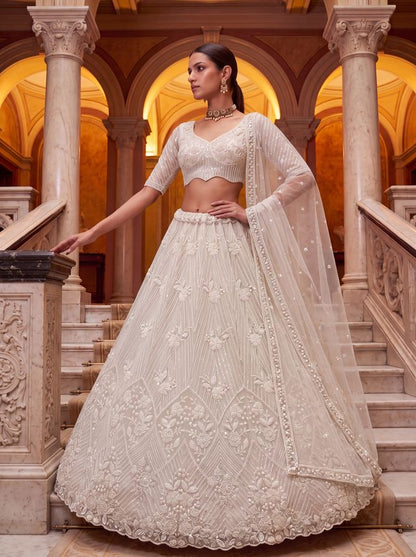 White Pure Heavy Net Motif Handwork Zari Sequins Work Bridal Lehenga Choli