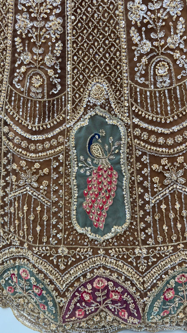Brown Pure Heavy Net Motif Handwork Zari Sequins Work Bridal Lehenga Choli
