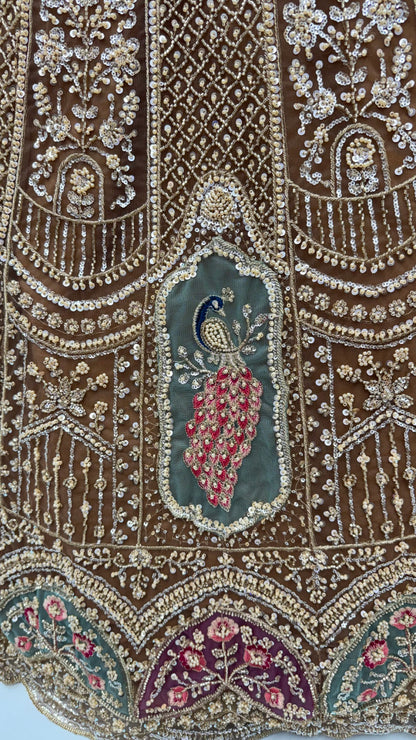 Brown Pure Heavy Net Motif Handwork Zari Sequins Work Bridal Lehenga Choli