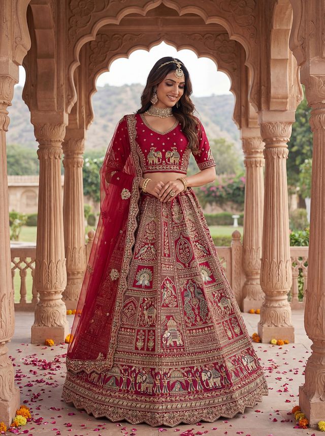 Red Pure Soft Gadwal Silk Heavy Embroidery Work Bridal Lehenga 