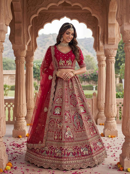 Red Pure Soft Gadwal Silk Heavy Embroidery Work Bridal Lehenga 