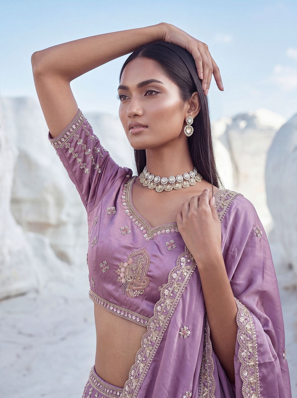 Lilac Pure Soft Silk Heavy Sequins Embellishment Work Bridal Lehenga Choli 