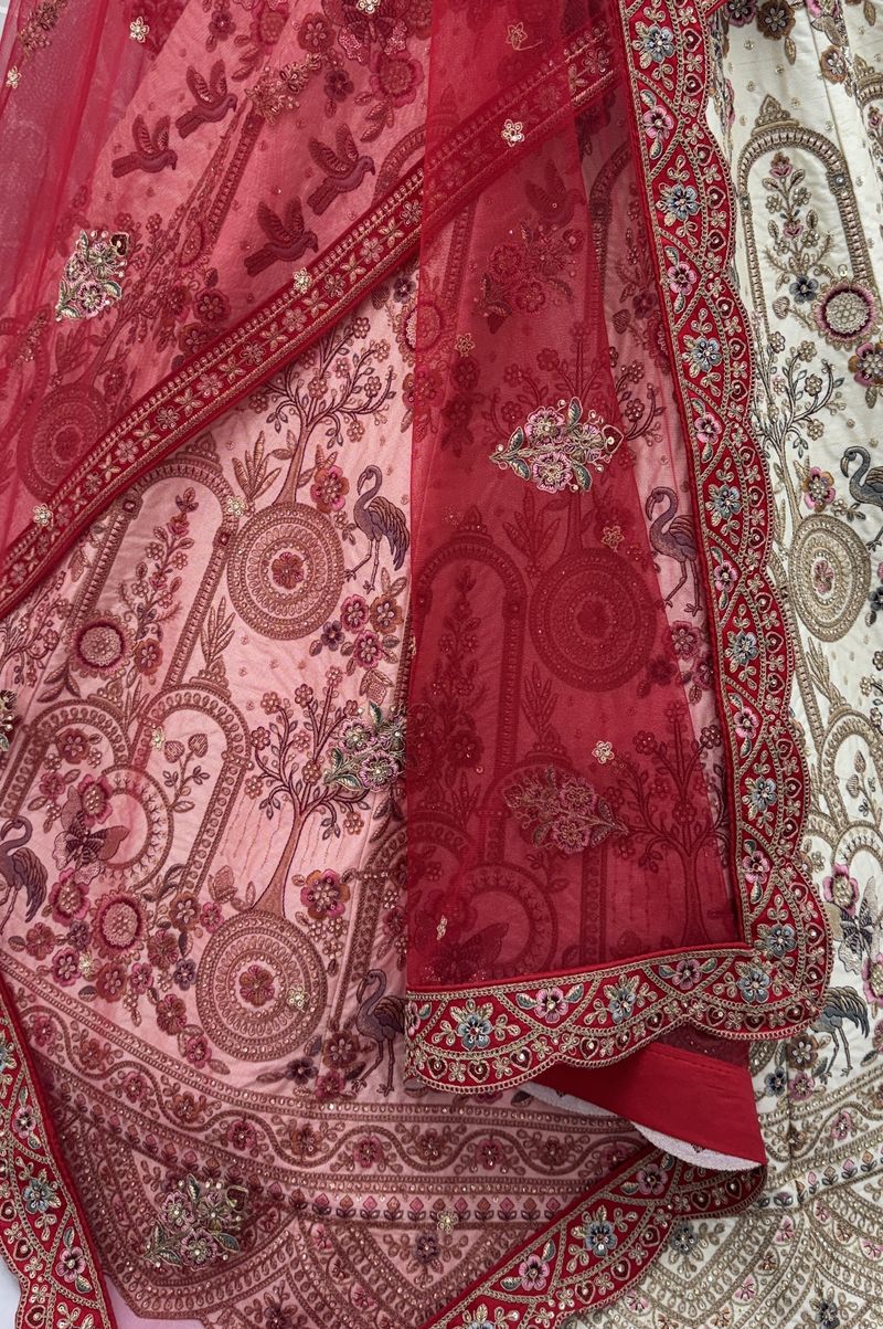 Off White Pure Soft Silk Heavy Embroidery Work Bridal Lehenga 