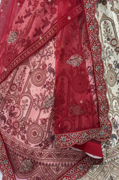 Off White Pure Soft Silk Heavy Embroidery Work Bridal Lehenga 