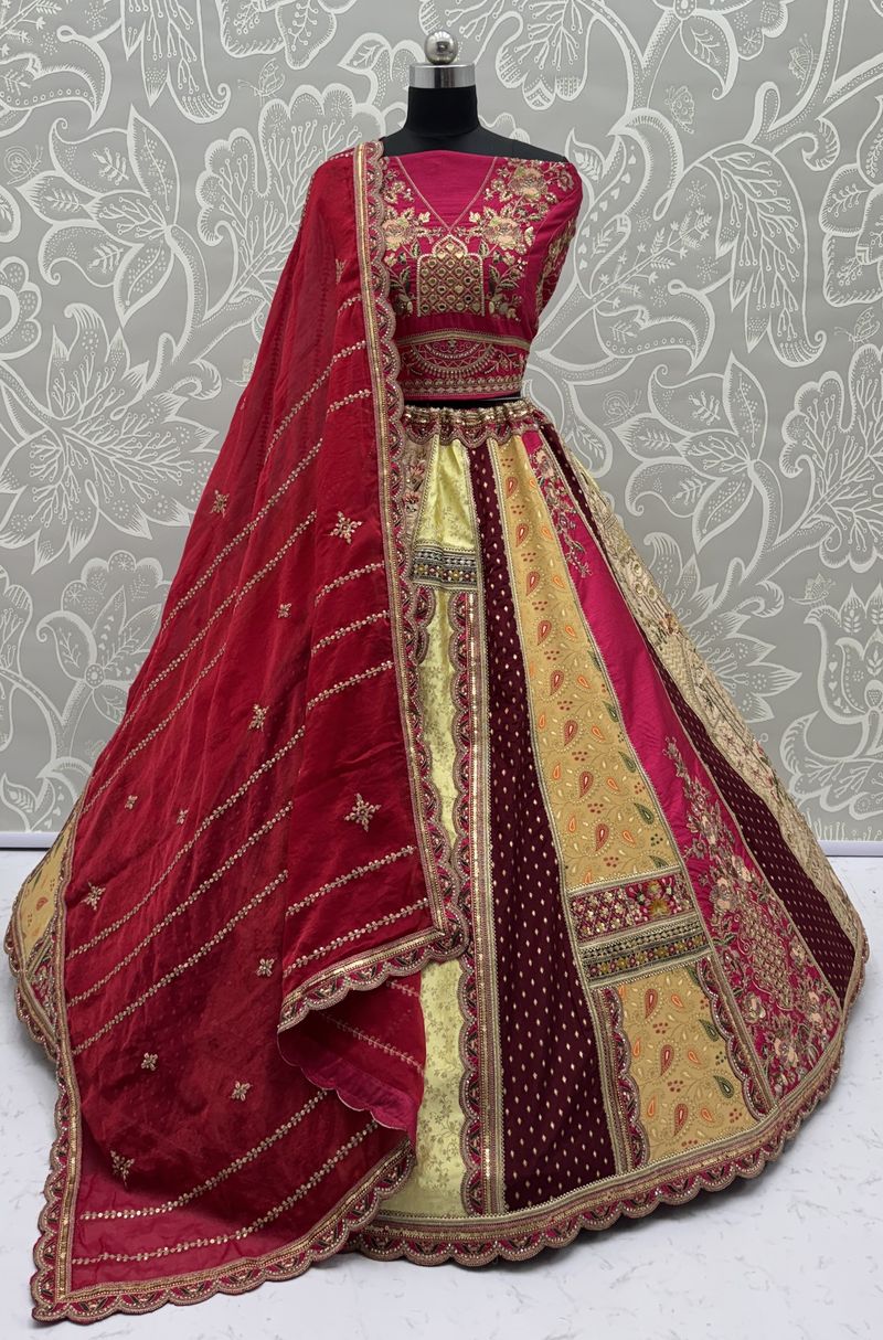 Multicolour Pure Soft Heavy Silk Real Mirror Work Bridal Lehenga Choli