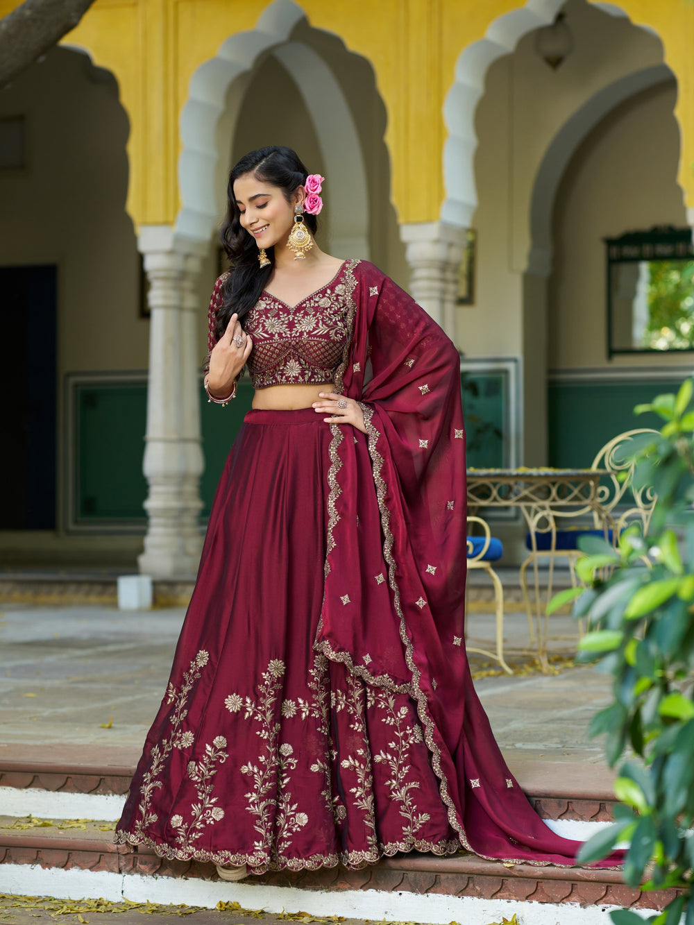 Maroon Pure Rangoli Silk Sequins &amp; Thread Embroidery Work Lehenga Choli
