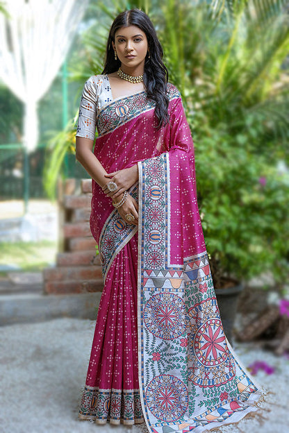 Pink Pure Soft Tussar Silk Madhubani Saree Tussar Saree Anant Tex Exports Pvt.Ltd..