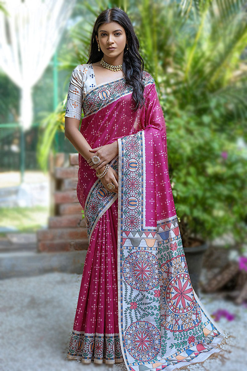 Pink Pure Soft Tussar Silk Madhubani Saree