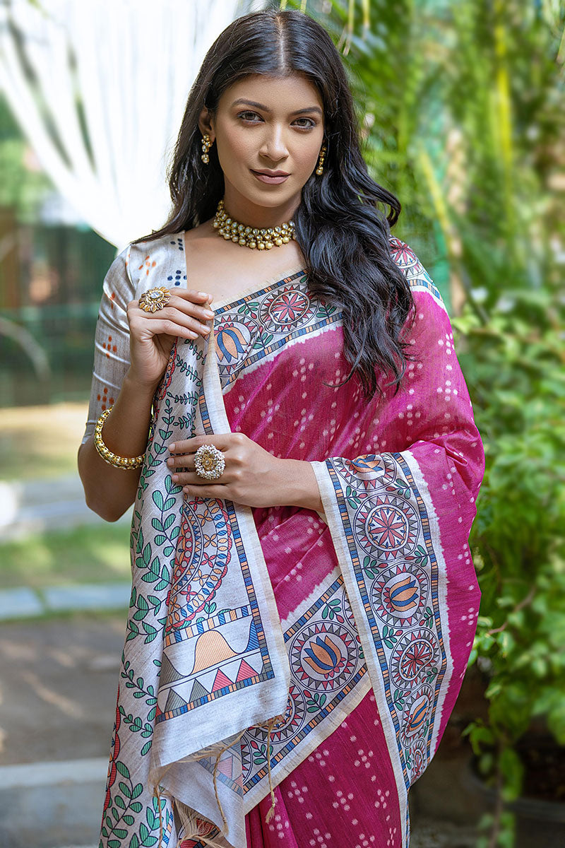 Pink Pure Soft Tussar Silk Madhubani Saree