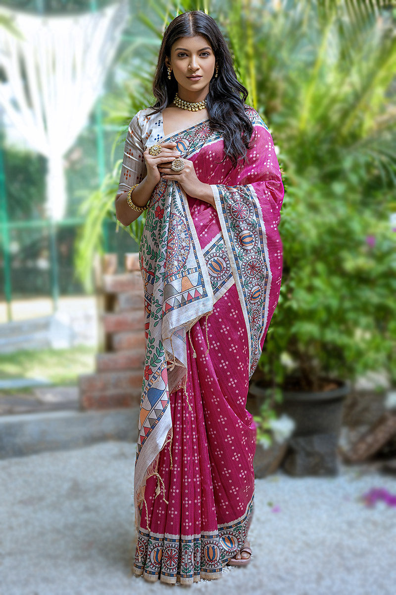 Pink Pure Soft Tussar Silk Madhubani Saree