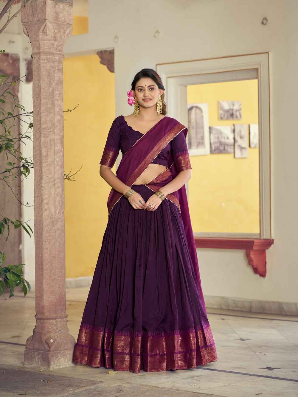 Purple Pure Poly Poly Cotton with Zari Woven Half Saree Lehenga